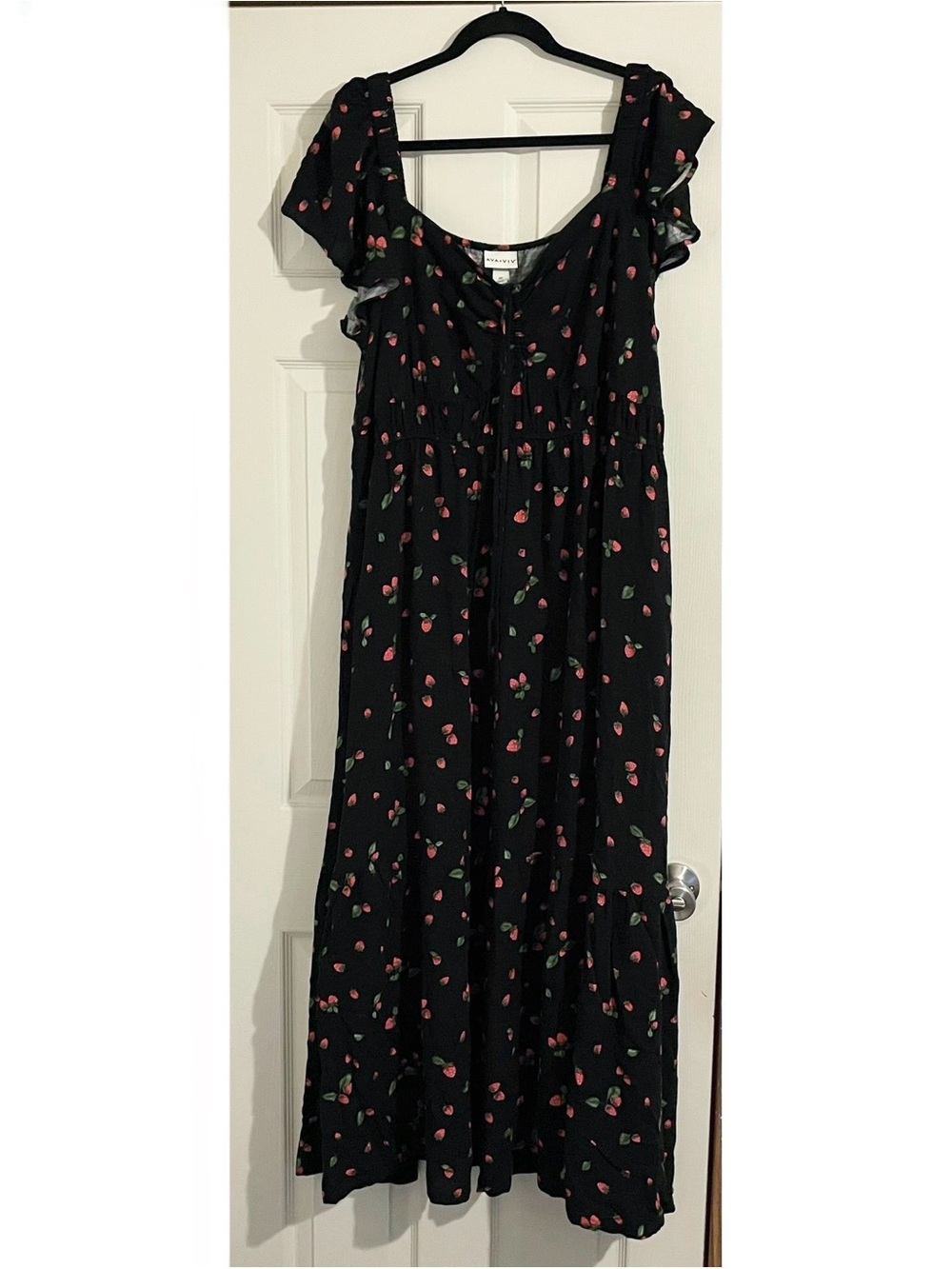 Ava & Viv Black Strawberry Print Tiered Maxi Dress Ruffle Sleeve Plus Size 2X